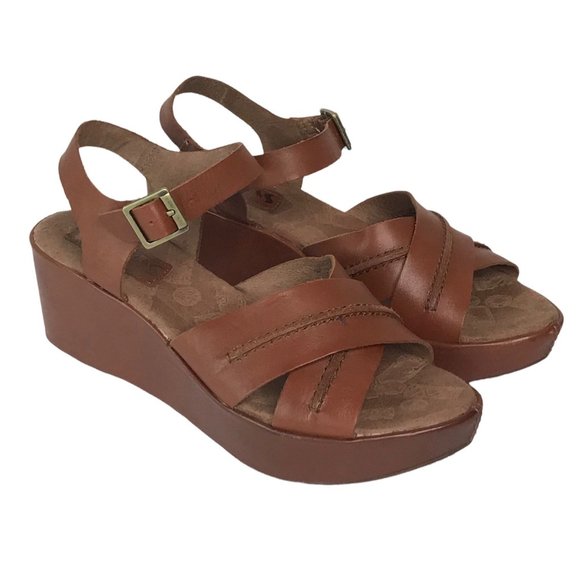 KorkEase Shoes Korks Korkease Brown Leather Crisscross Strap Wedge